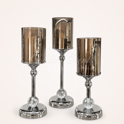 3 Pcs Silver With Black Glass 17" 15" 13" Candle Holder