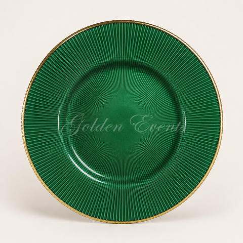 Glass Emerald Ribbed Gold Rim 13" Charger